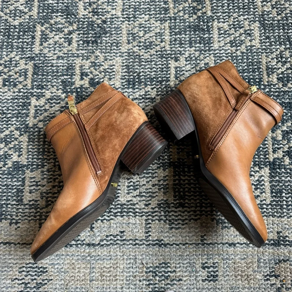 💙 Lauren Ralph Lauren Damara Booties in Cognac Brown Leather & Suede size 8